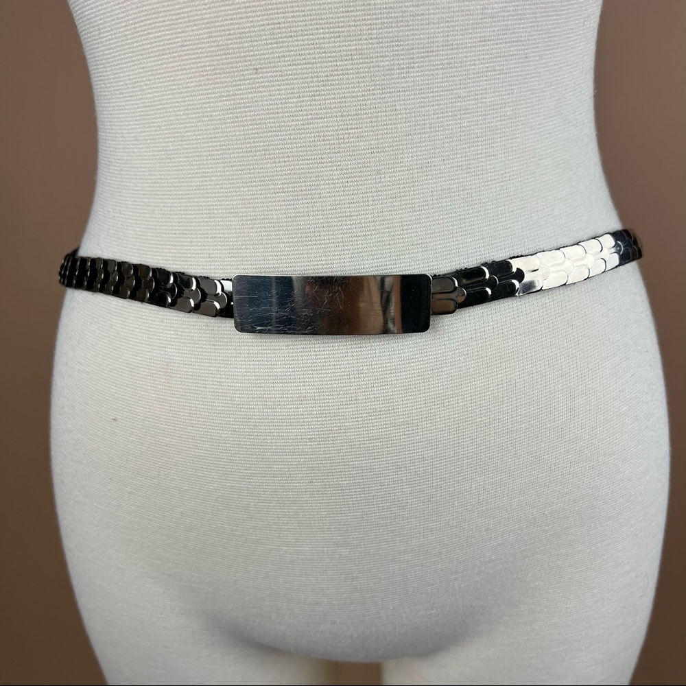 Vintage Silver Tone Rectangle Buckle Stretchy Elastic Belt Waist 35 -51 inches